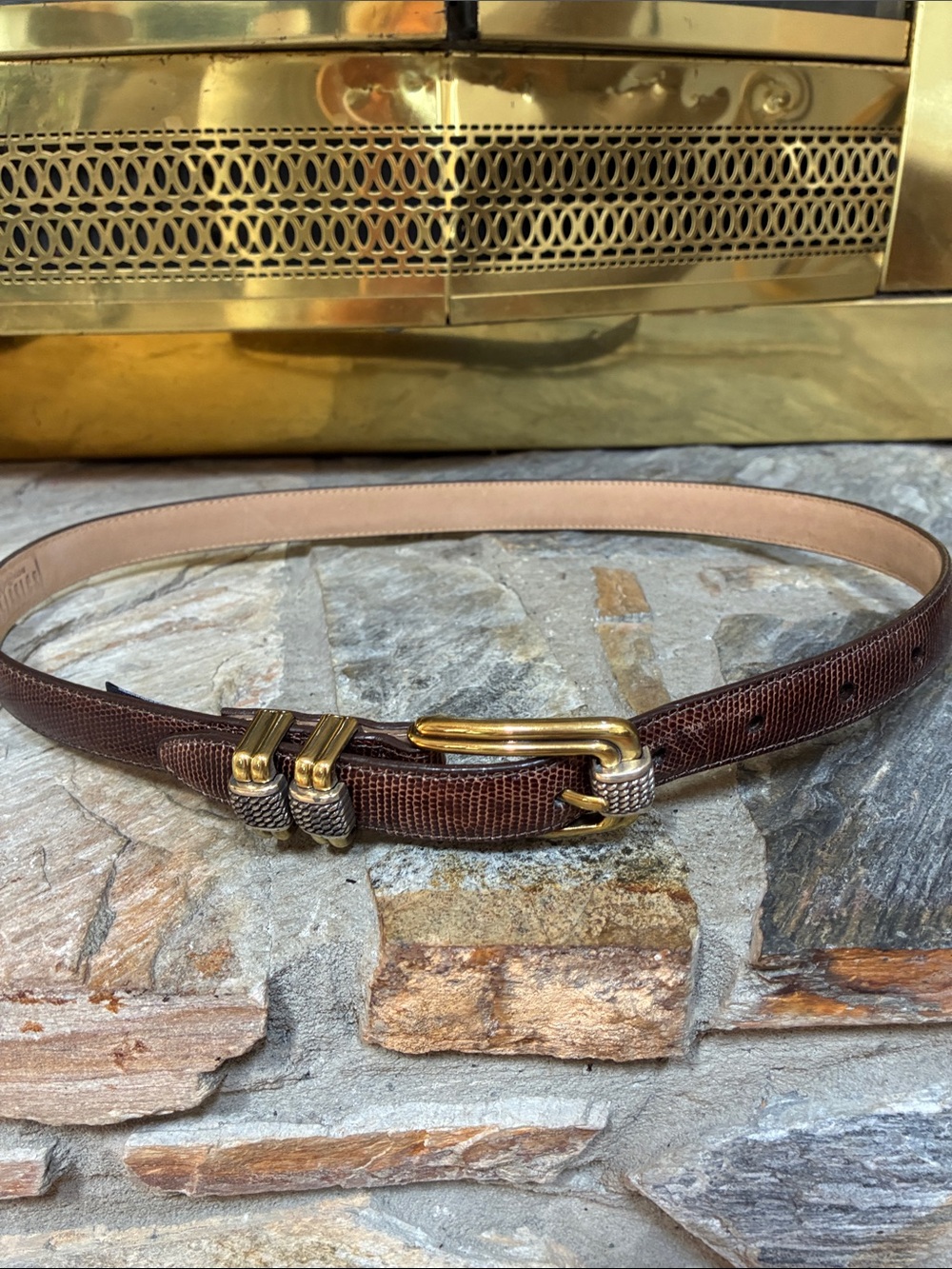BRIGHTON Brown Leather Textured Women's Belt with Gold Hardware